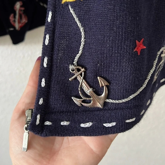 Fisherman Granny Storybook Knit Navy Nautical Anchor Full Zip Cardigan Size 1X - Picture 7 of 7